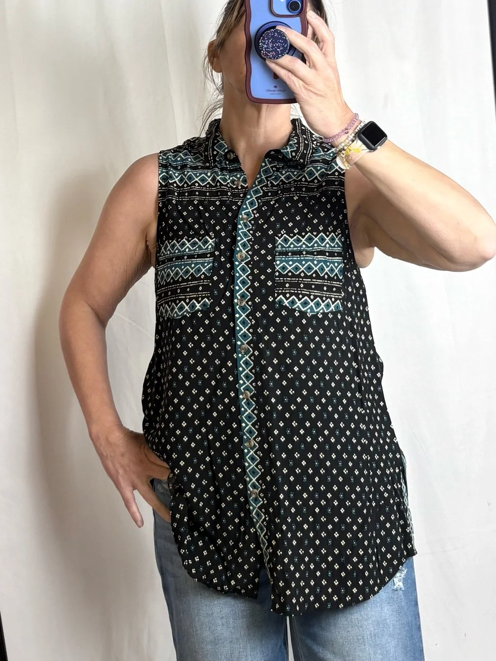 Anthropologie Black Sleeveless Button-Down Top with Teal Trim